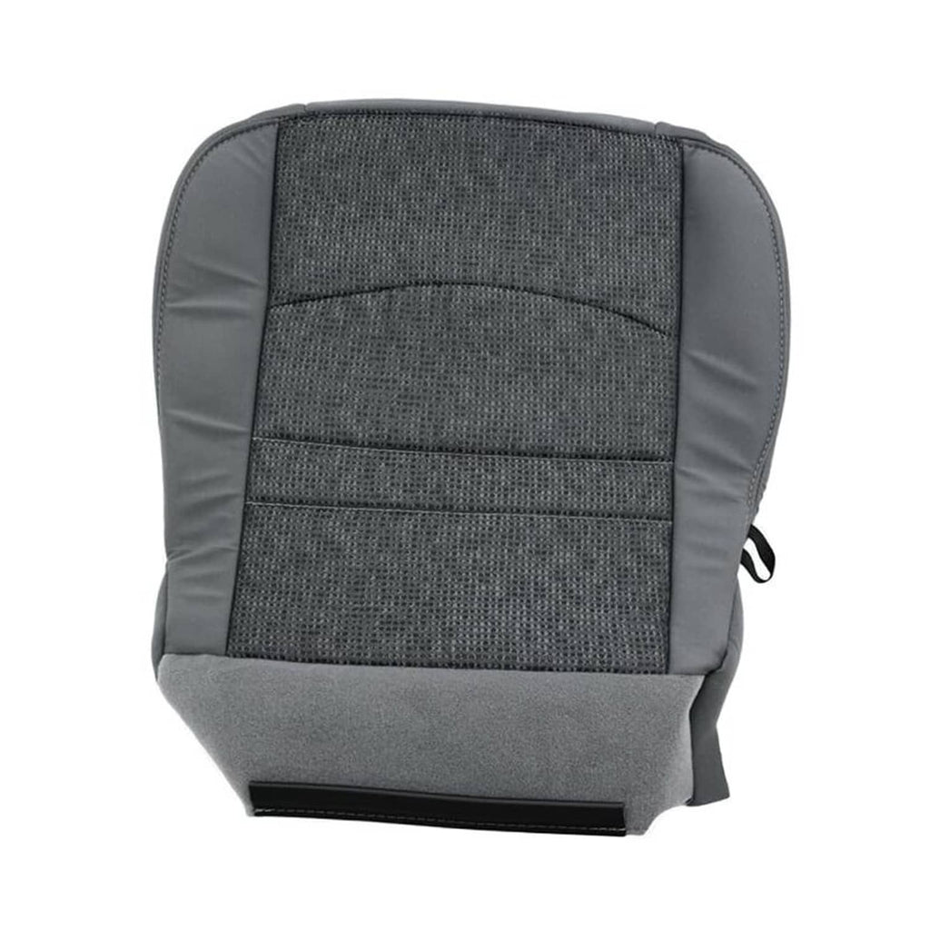Gray cloth seat cover with textured center panel and stitched horizontal stripes