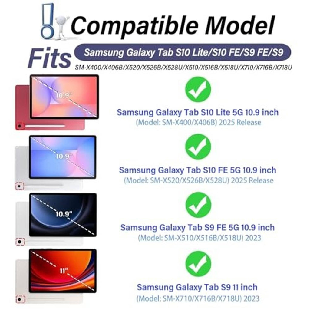 Compatibility diagram showing tablet sizes for a foldable backlit keyboard case