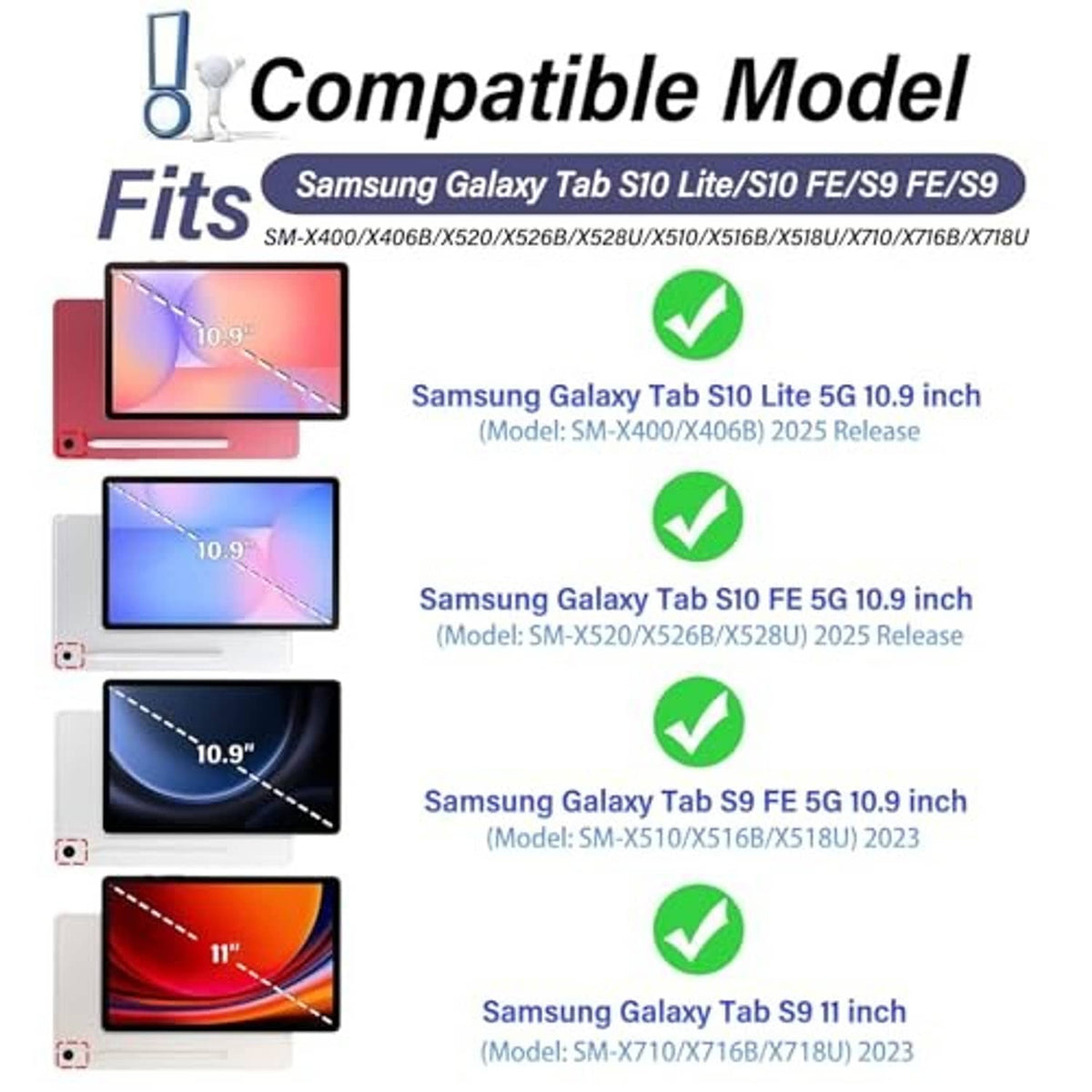 Compatibility diagram showing tablet sizes for a foldable backlit keyboard case