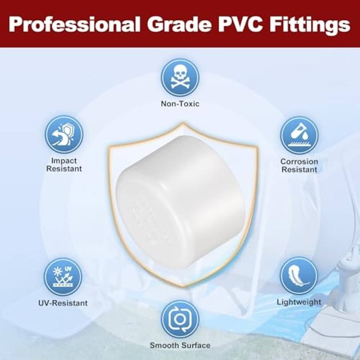 White PVC external end cap fitting, smooth socket, professional grade PVC design