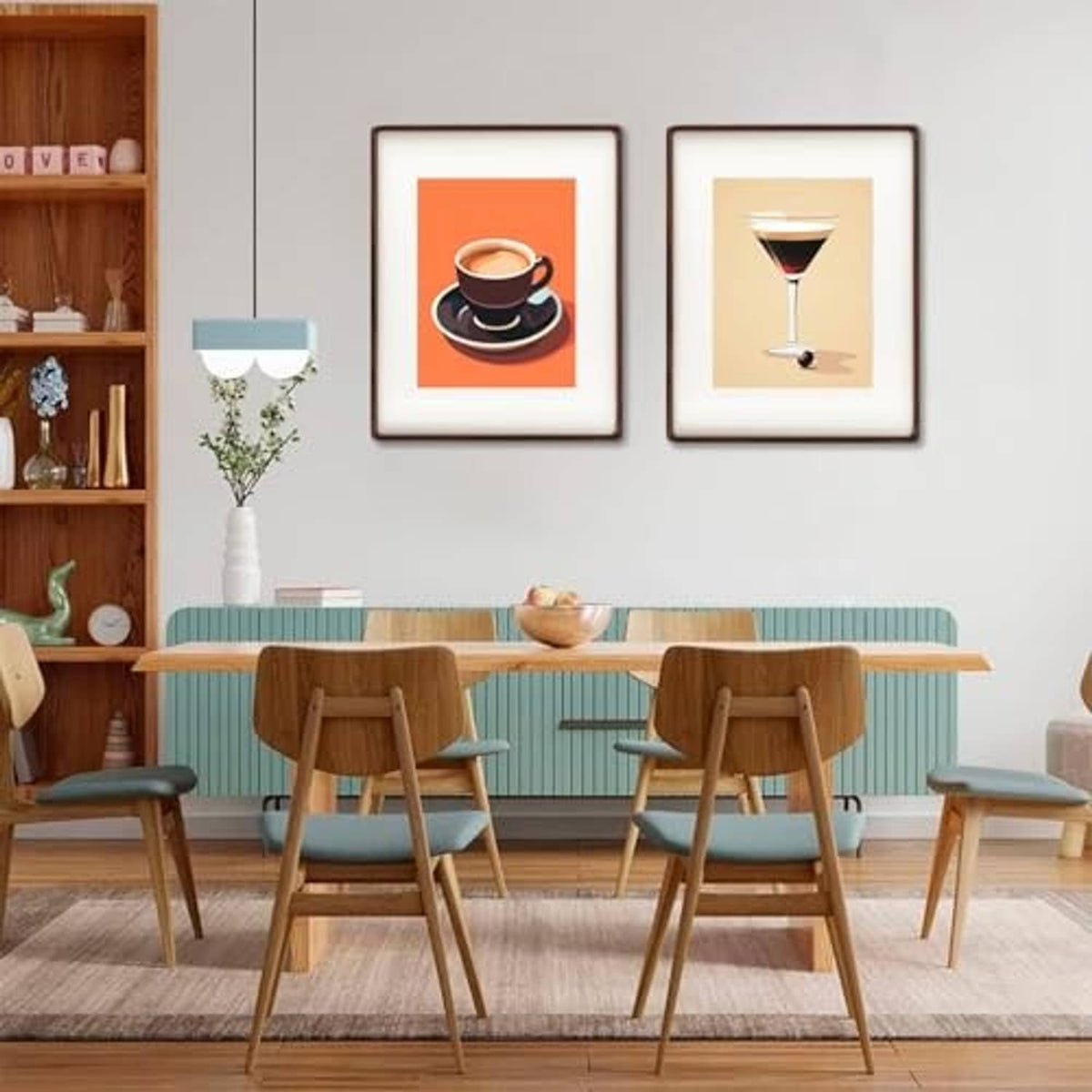Set of three wall-mounted walnut photo frames with square landscape prints