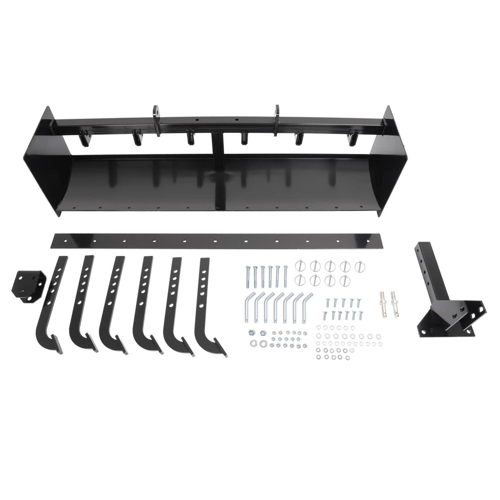 Tow-behind box scraper blade kit parts: box, curved teeth, mount bracket, hardware