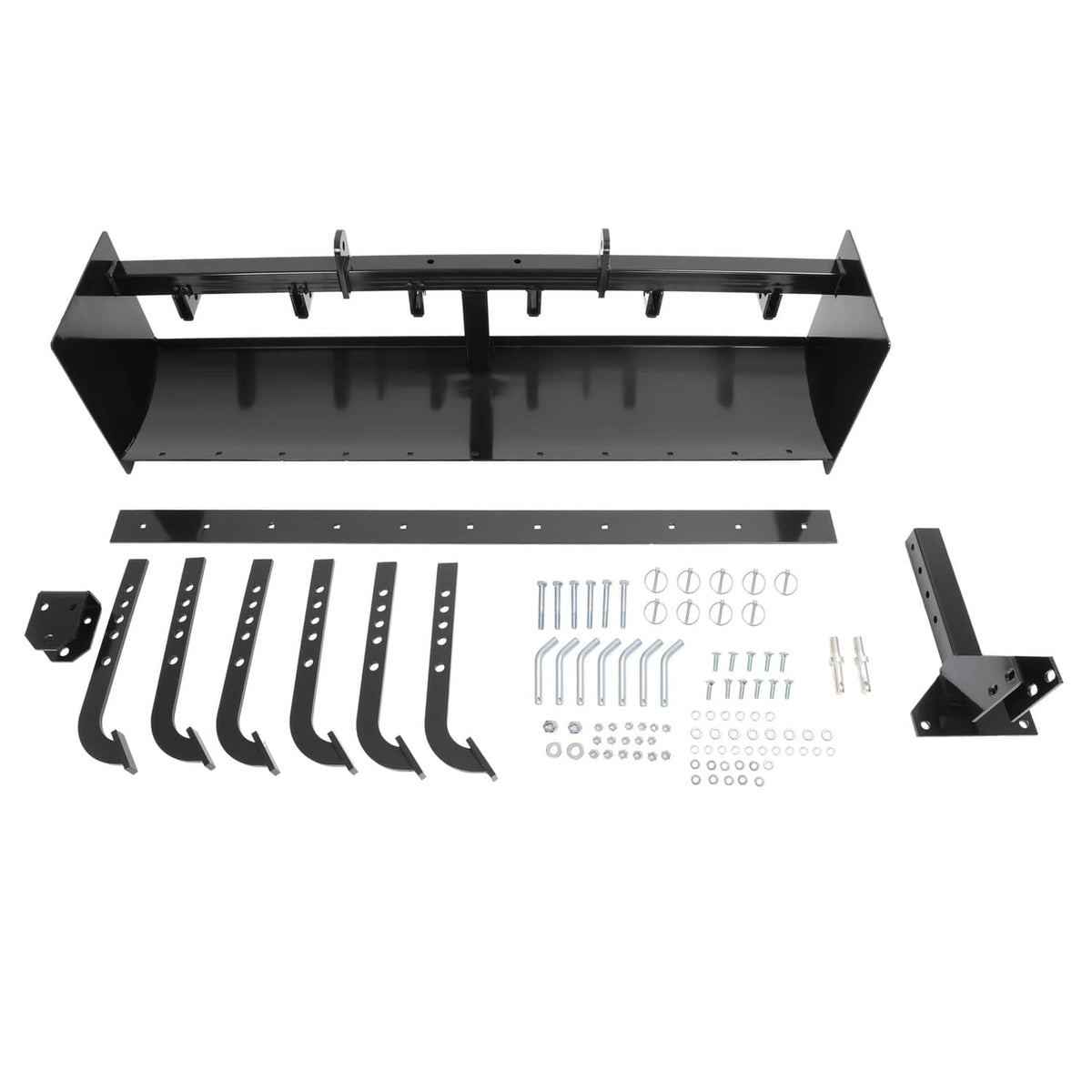 Tow-behind box scraper blade kit parts: box, curved teeth, mount bracket, hardware