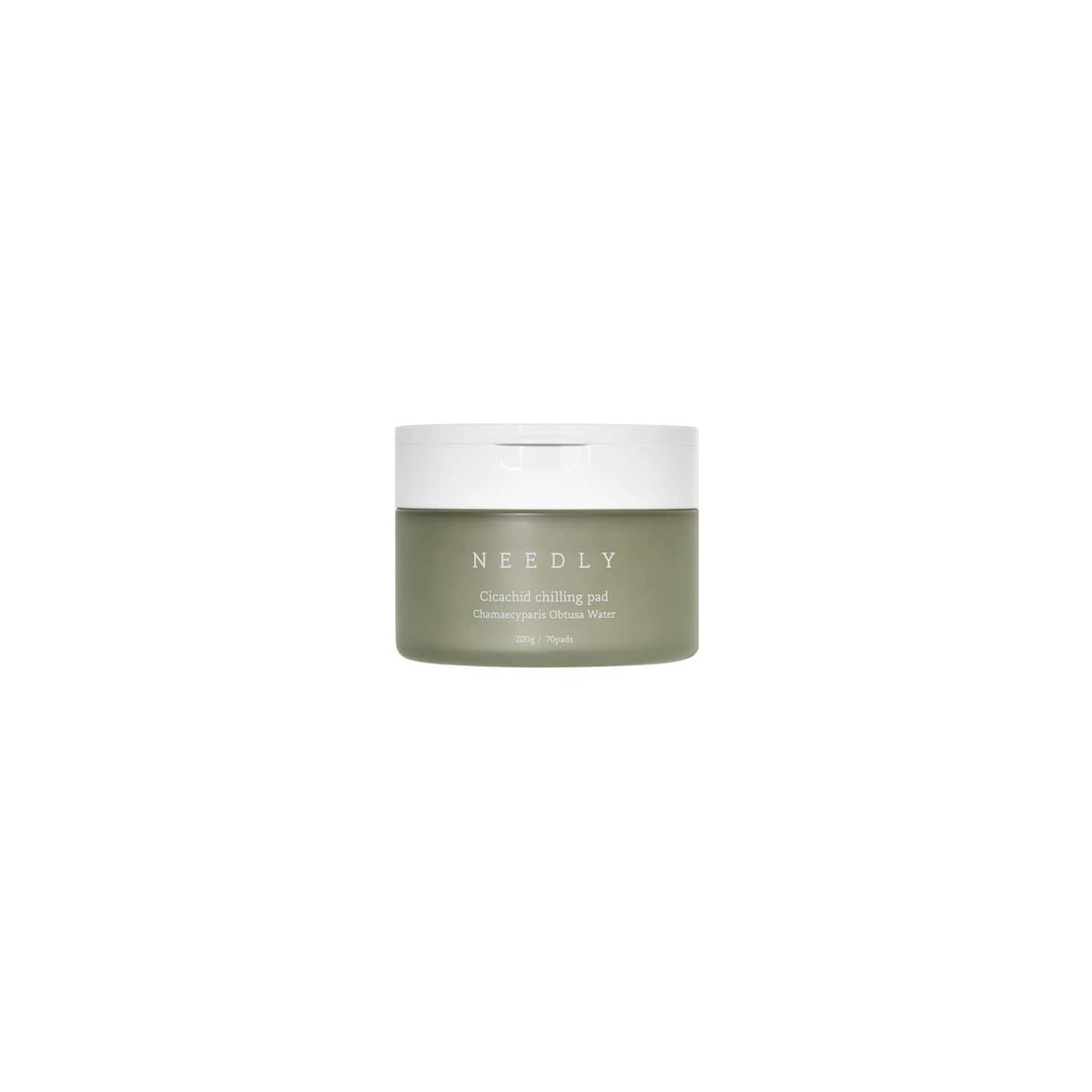 NEEDLY cleansing pad jar with white lid, olive-green container