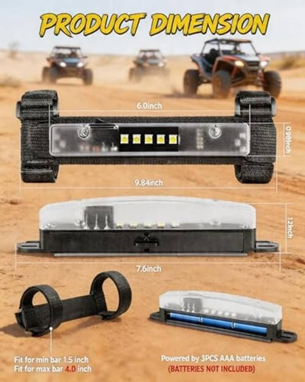 LED light bar with clear housing, black end caps, and two Velcro mounting straps