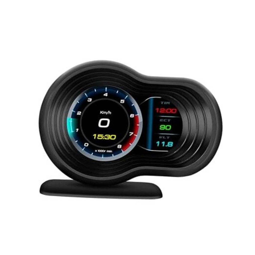 Black OBD head-up display with dual gauges and red/blue digital screen, on stand