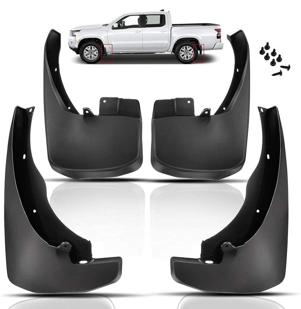 Set of black front and rear mud flaps with mounting brackets and holes