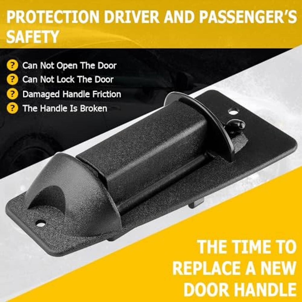 Black exterior door handle with metal latch post and two mounting holes