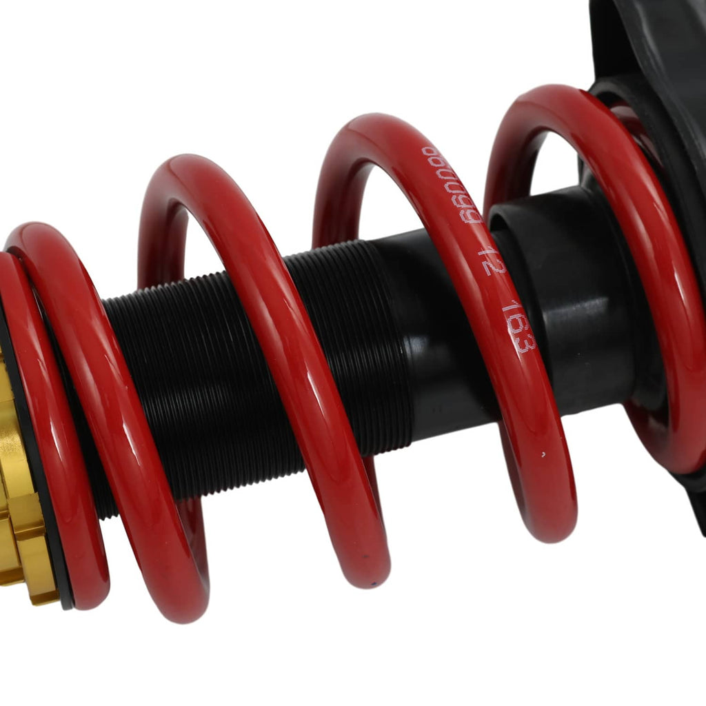 Coilover strut assembly with red coil spring and black threaded body