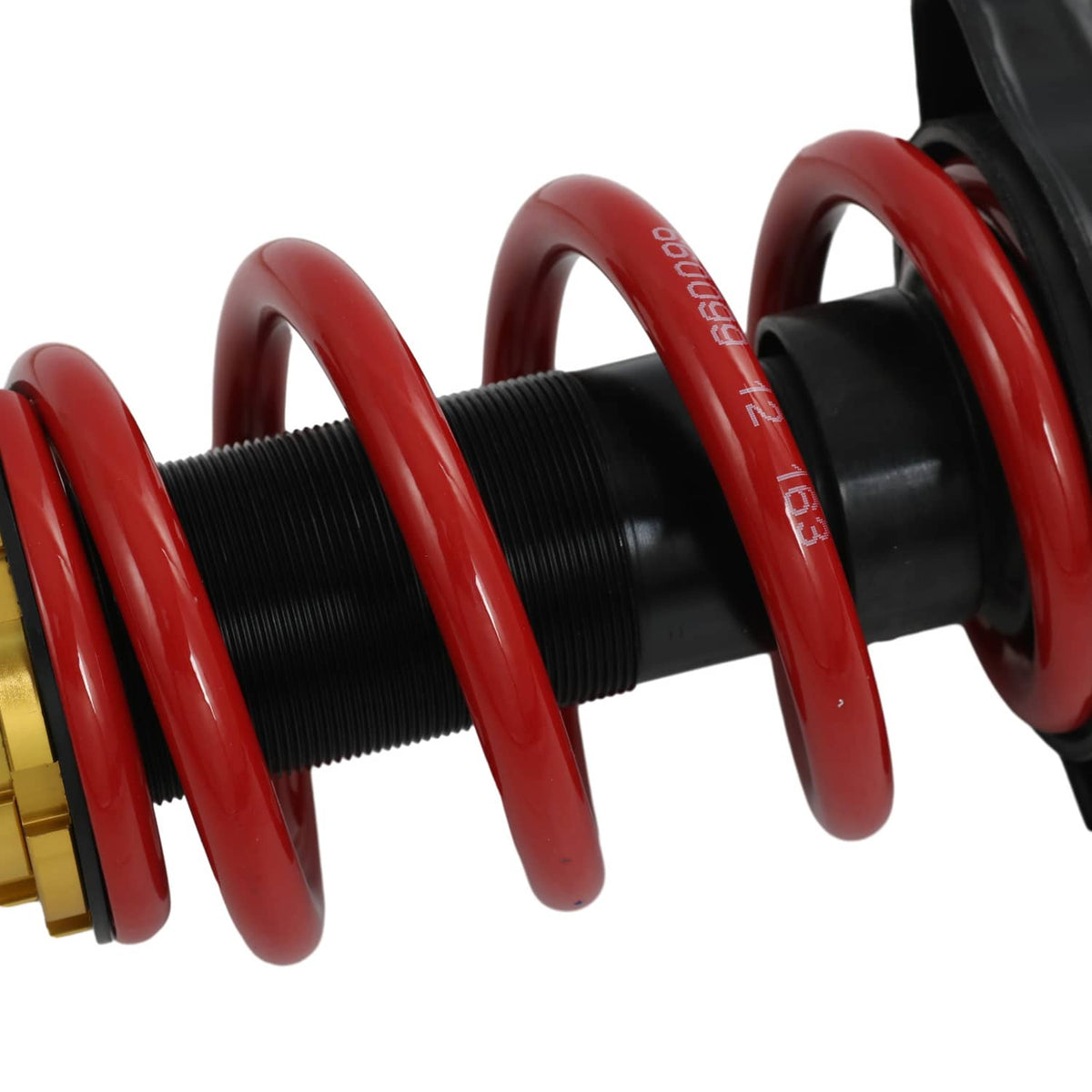 Coilover strut assembly with red coil spring and black threaded body