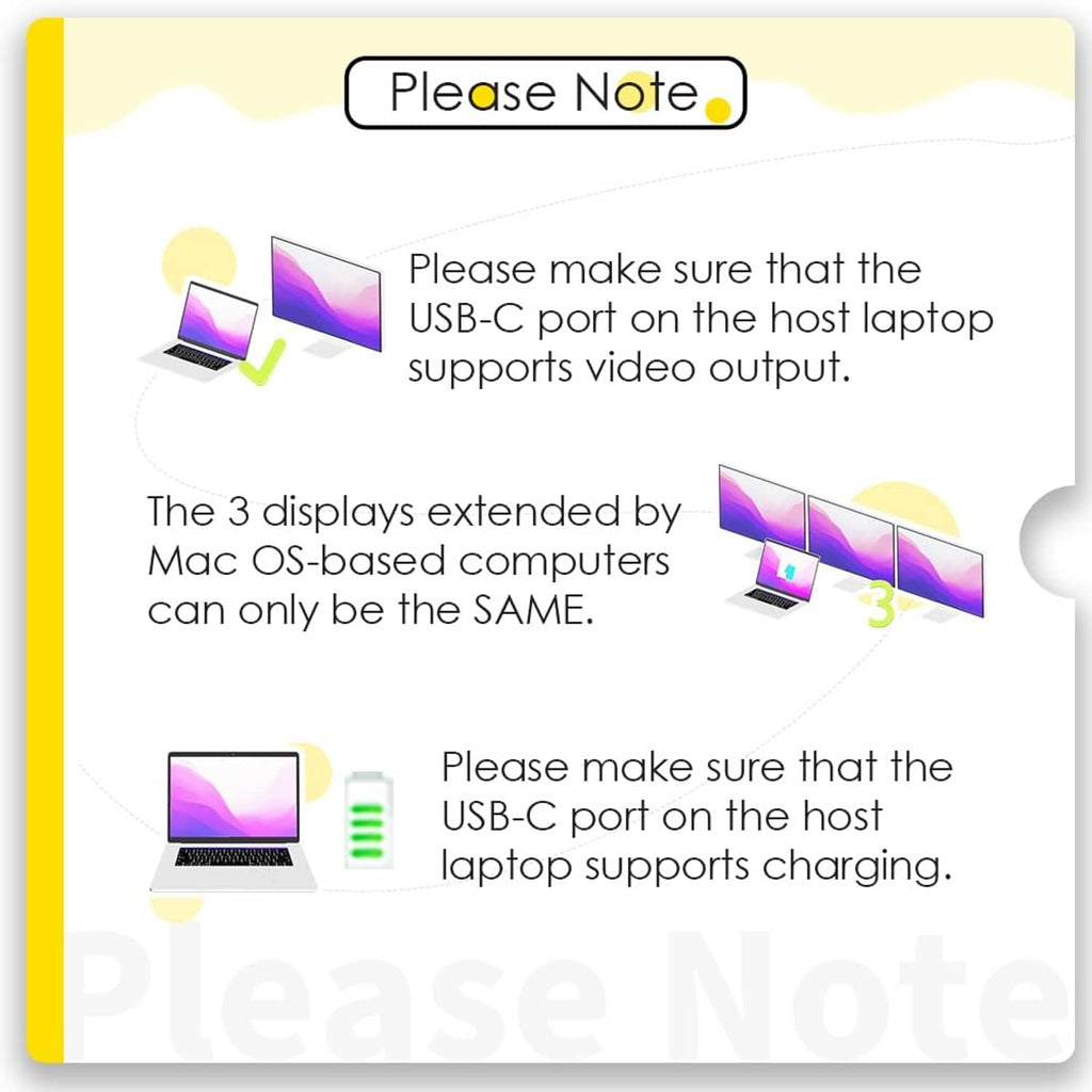 Compatibility note graphic for a USB-C laptop docking station and video output support