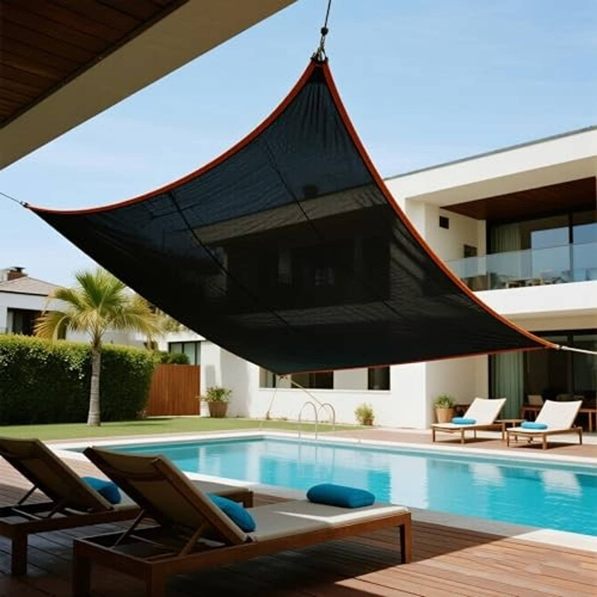 Black mesh shade cloth stretched overhead with stitched border and hanging straps