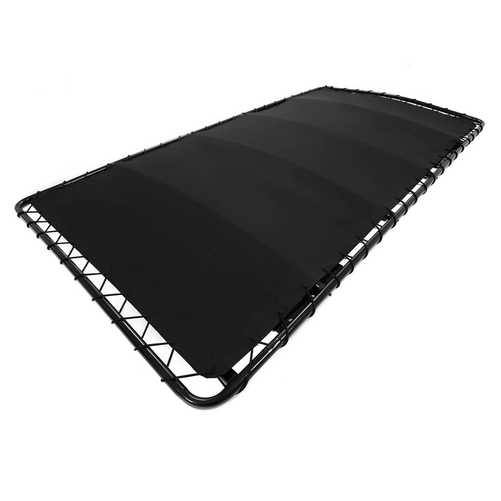 Black golf cart sun top on metal frame, angled view
