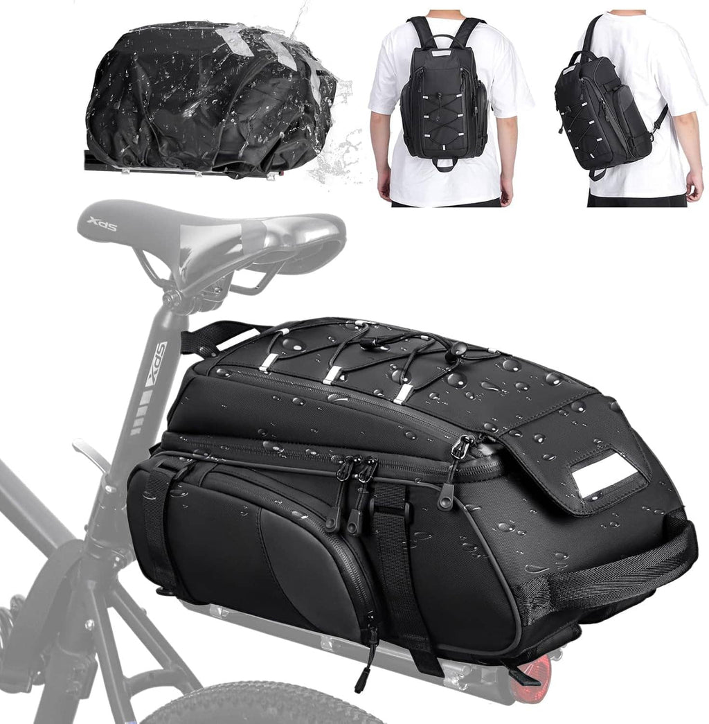Black waterproof bicycle rear rack trunk bag with zippered compartments and rain cover