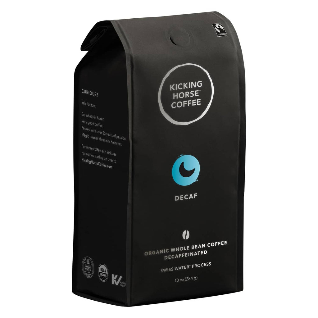 Kicking Horse decaf dark roast coffee bag, dark bag with front label
