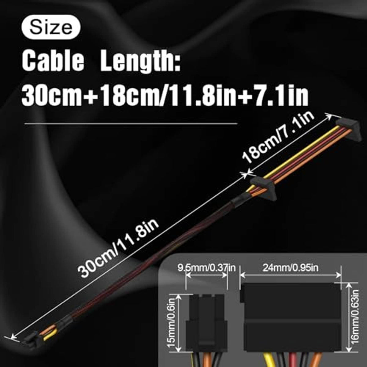 Right-angle SATA power adapter cable with multicolor wire leads and black connectors