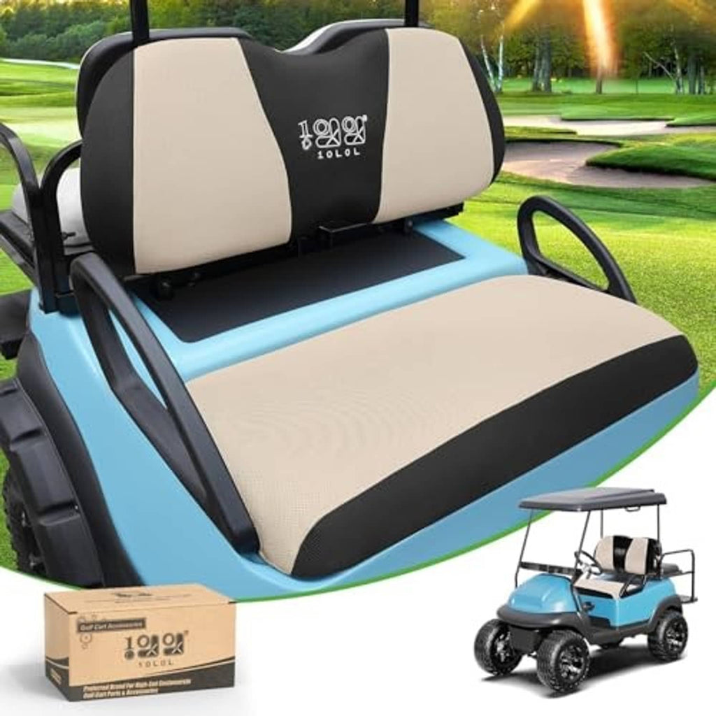 Beige and black golf cart front seat cover set with backrest logo and armrest