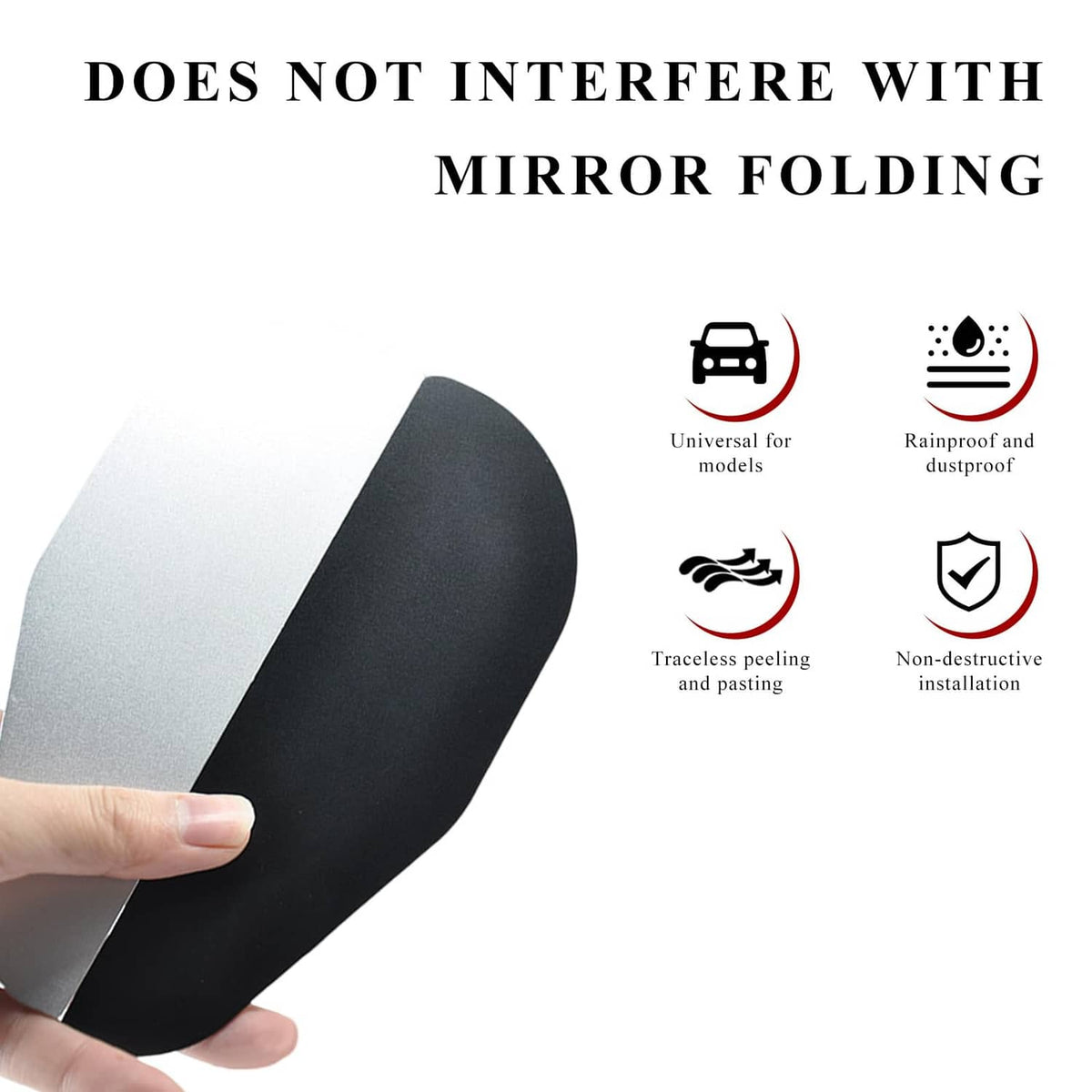 Black curved adhesive mirror rain visor eyebrow held in hand with non-damaging fit icons.