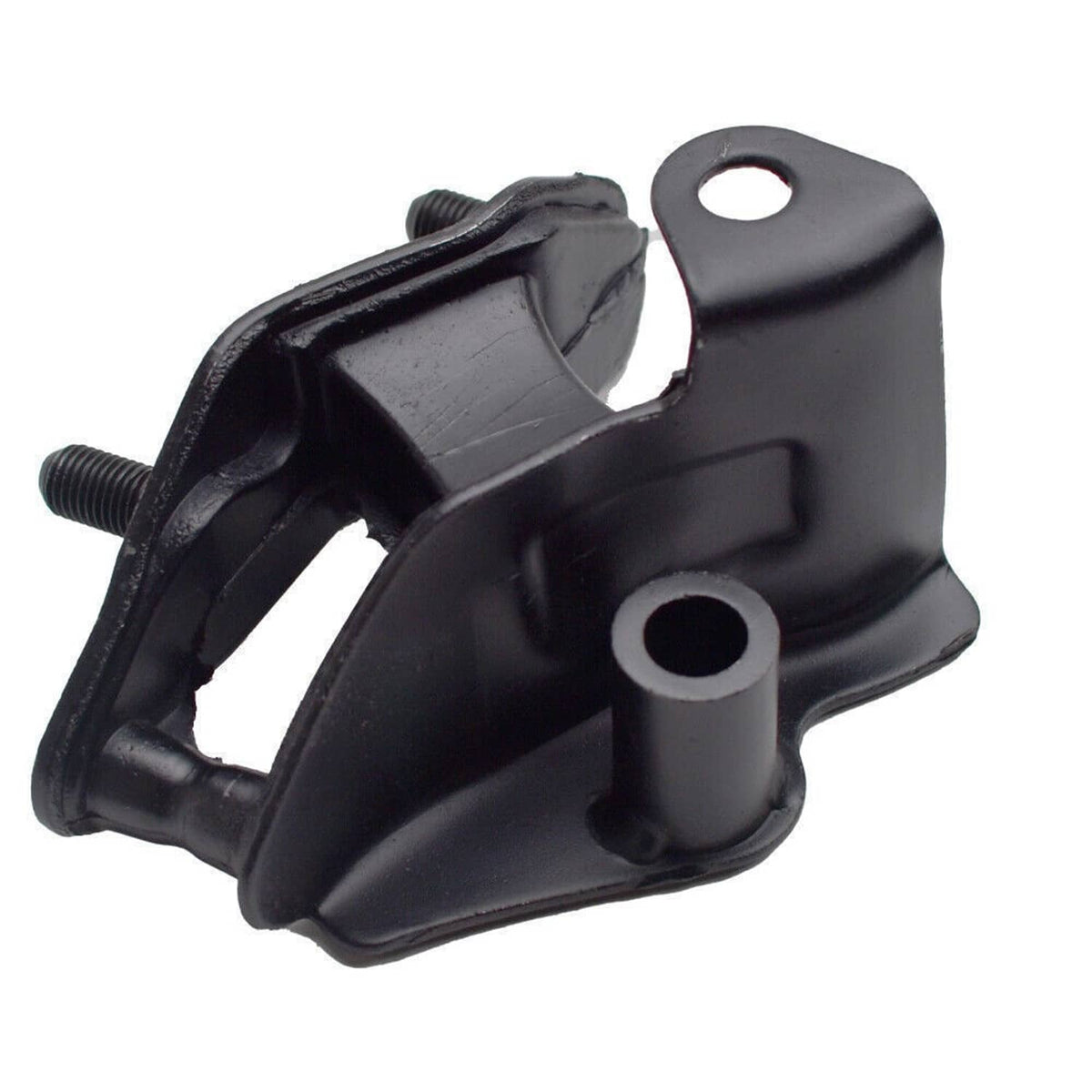 Black rubber transmission mount with metal bracket and mounting hole cutout