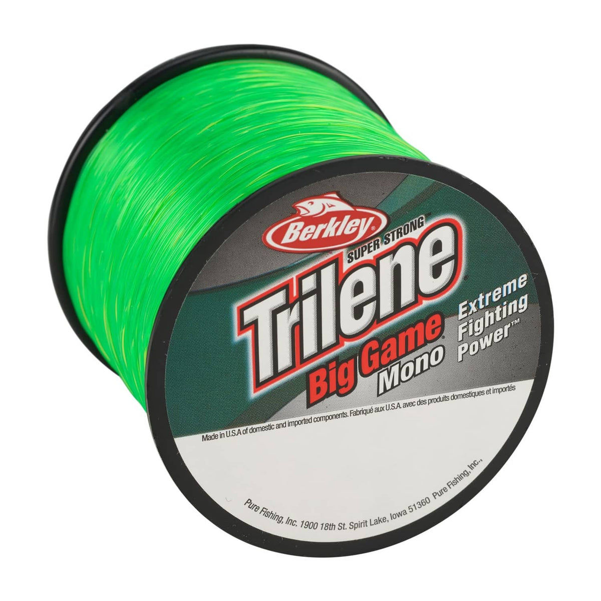 Neon green monofilament fishing line spool with Berkley Trilene Big Game label