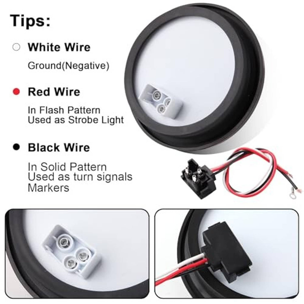 Black round LED strobe tail light showing wiring leads and rear mounting bracket