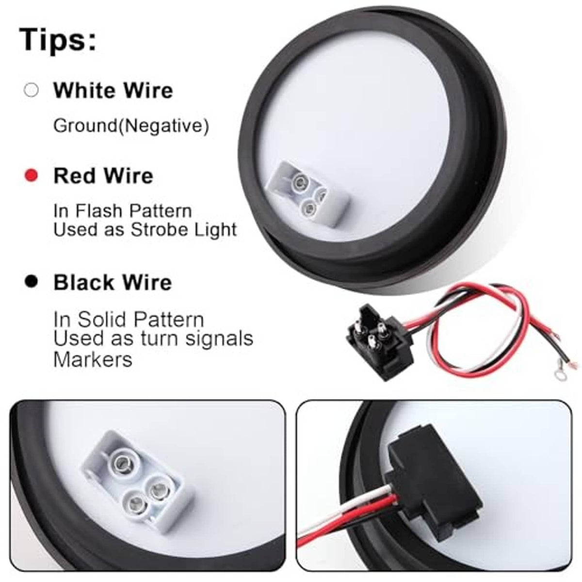 Black round LED strobe tail light showing wiring leads and rear mounting bracket