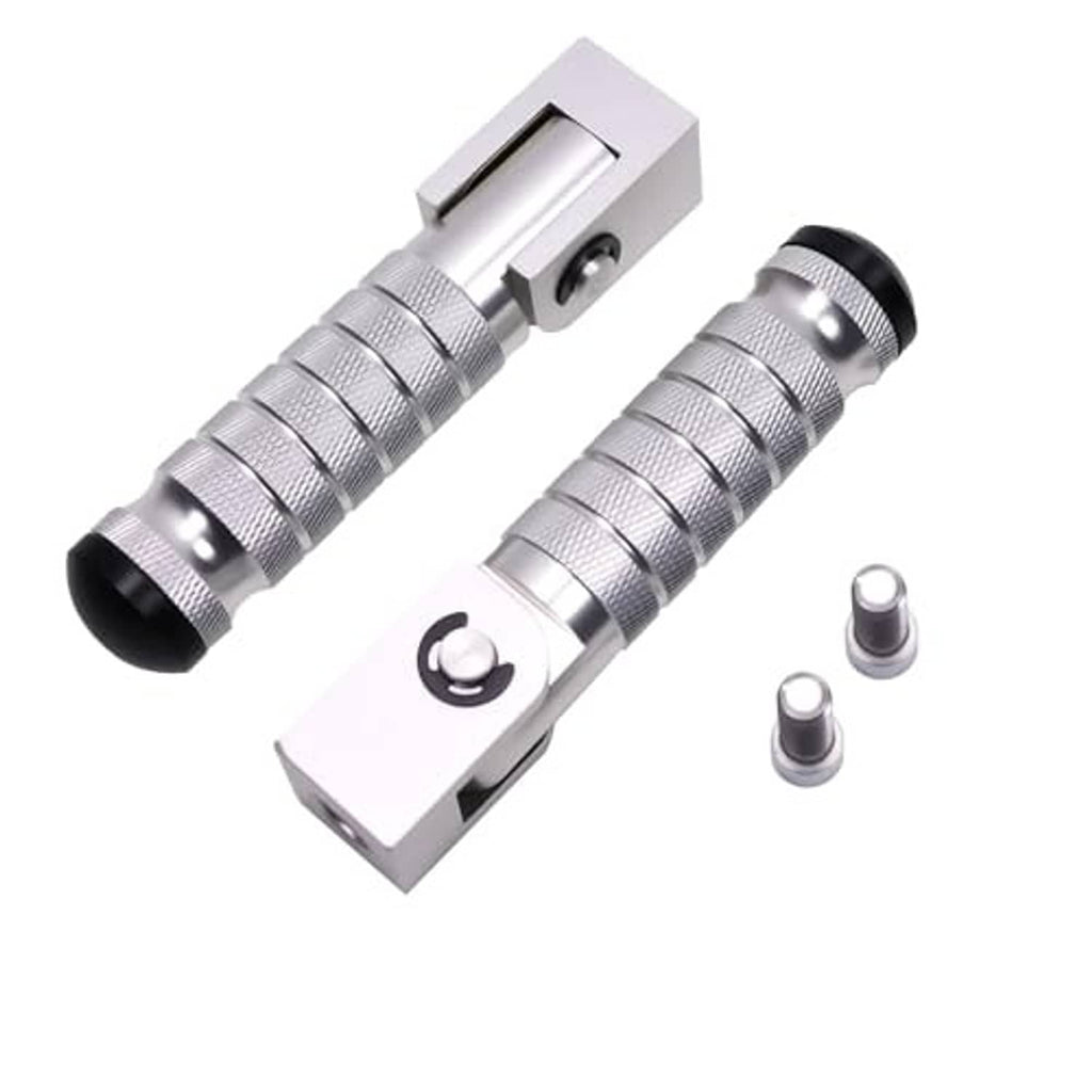 Silver folding foot peg pair with mounting base and textured knurled grip, screws included