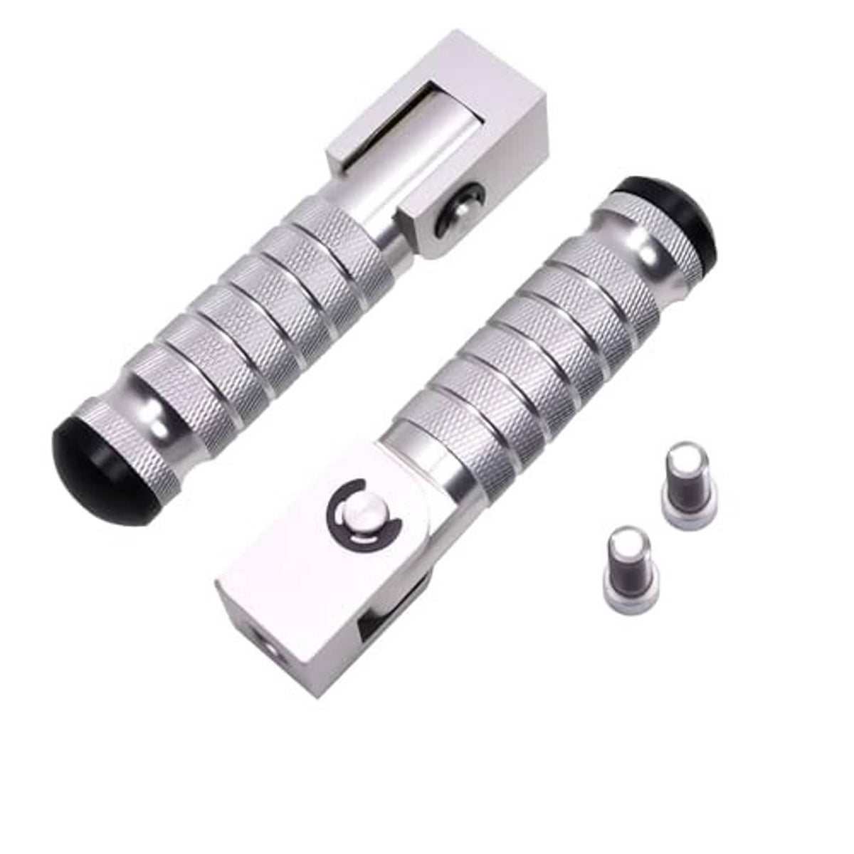 Silver folding foot peg pair with mounting base and textured knurled grip, screws included
