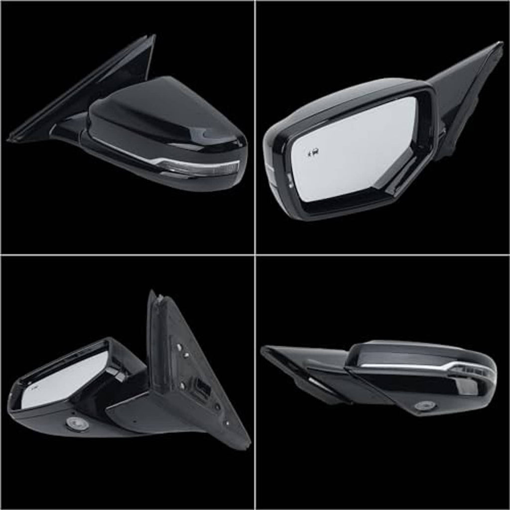 Black left driver-side mirror set with housing and glass, shown from multiple angles