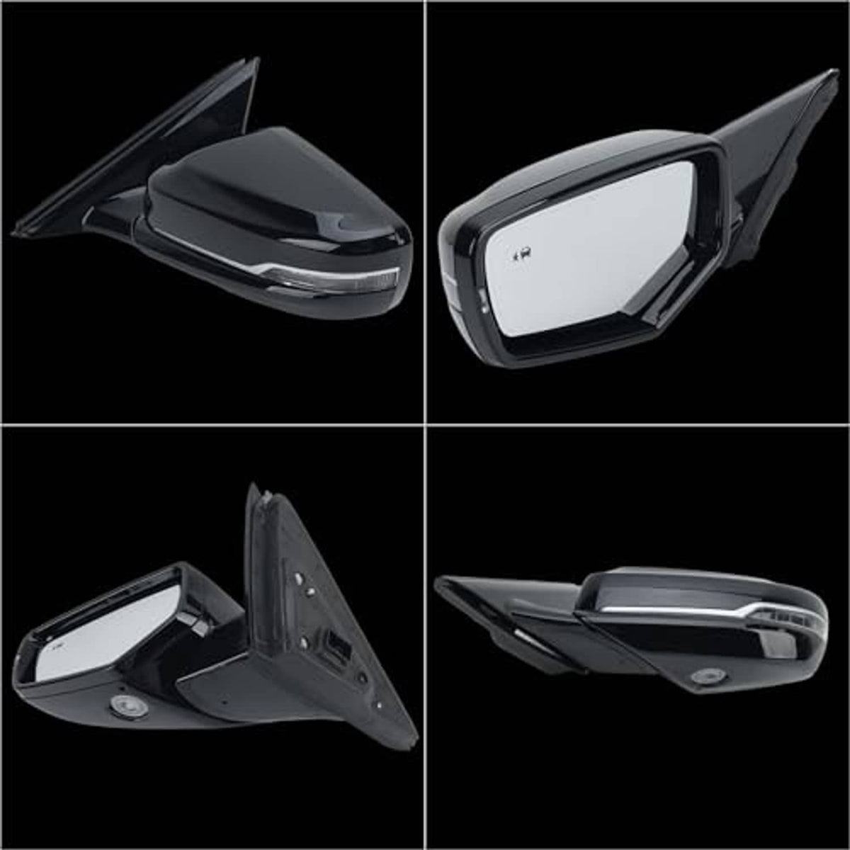 Black left driver-side mirror set with housing and glass, shown from multiple angles