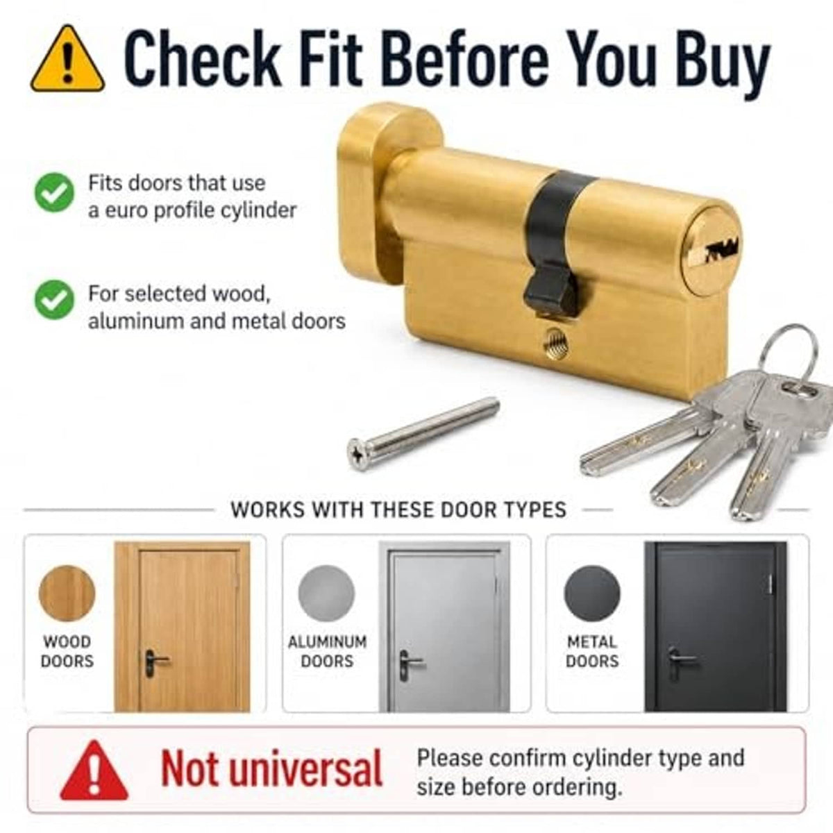 Brass euro profile lock cylinder with black thumbturn, 3 keys and fixing screw