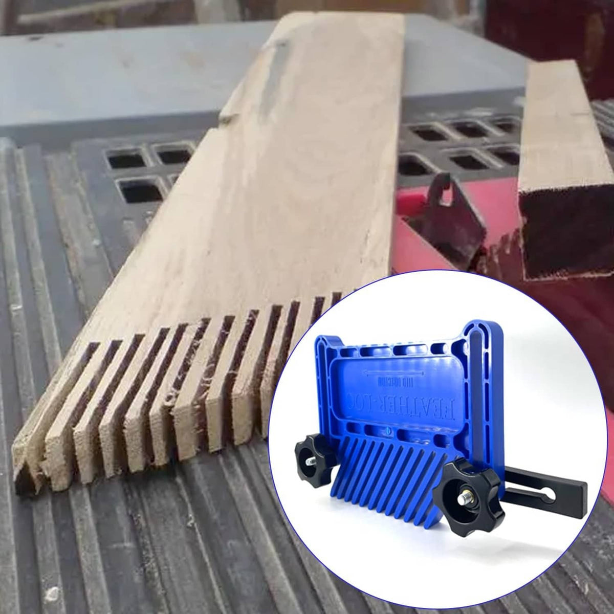 Blue featherboard clamp holding a workpiece with two black lock knobs