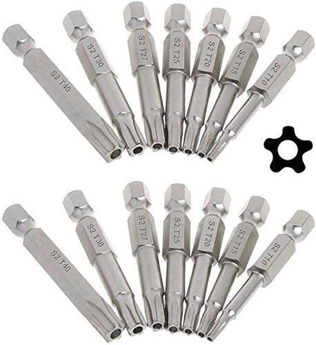 Security Torx bit set with 5-point star heads, assorted lengths, silver metal