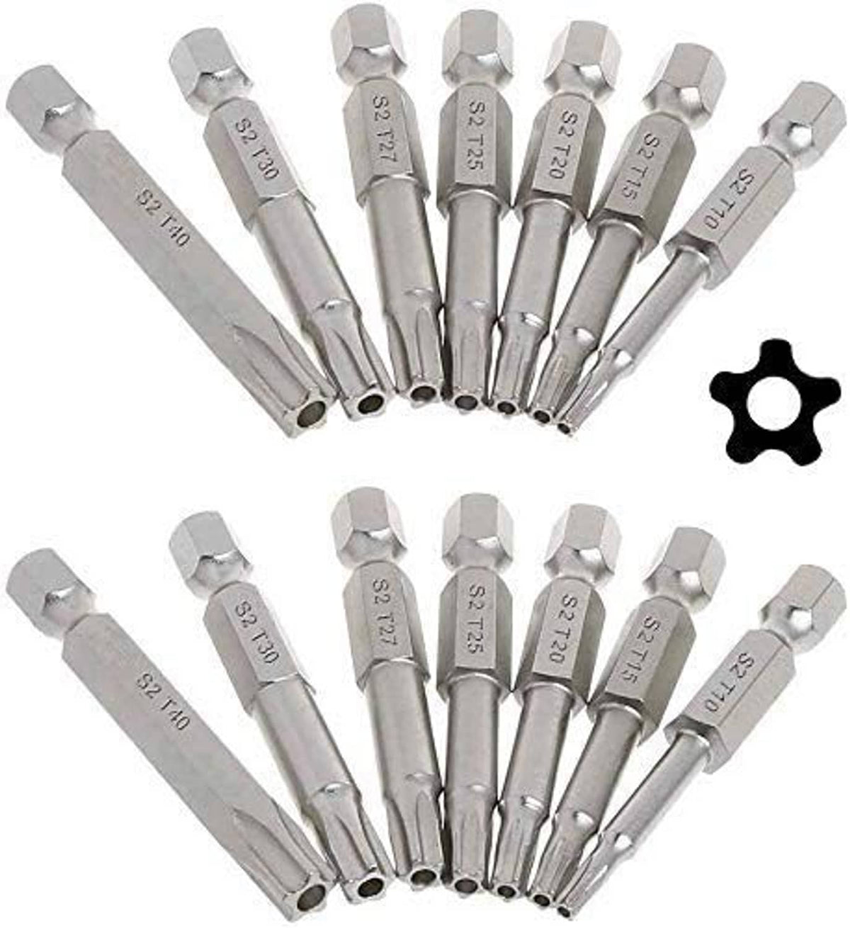 Security Torx bit set with 5-point star heads, assorted lengths, silver metal