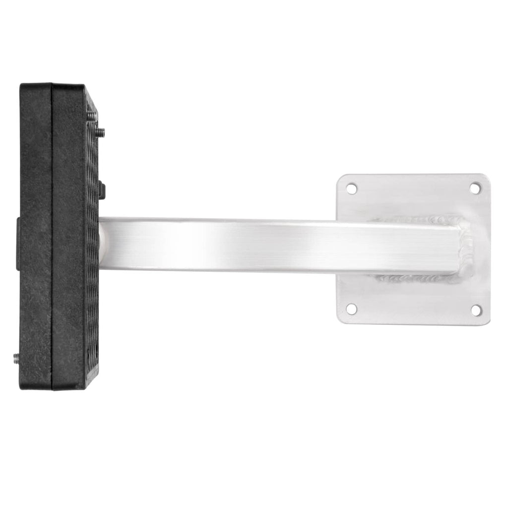 Trolling motor bracket with long silver arm and black mounting pad with hardware