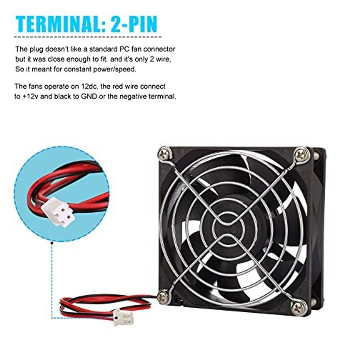 80mm square DC 12V brushless fan with red/black 2-pin connector and wiring