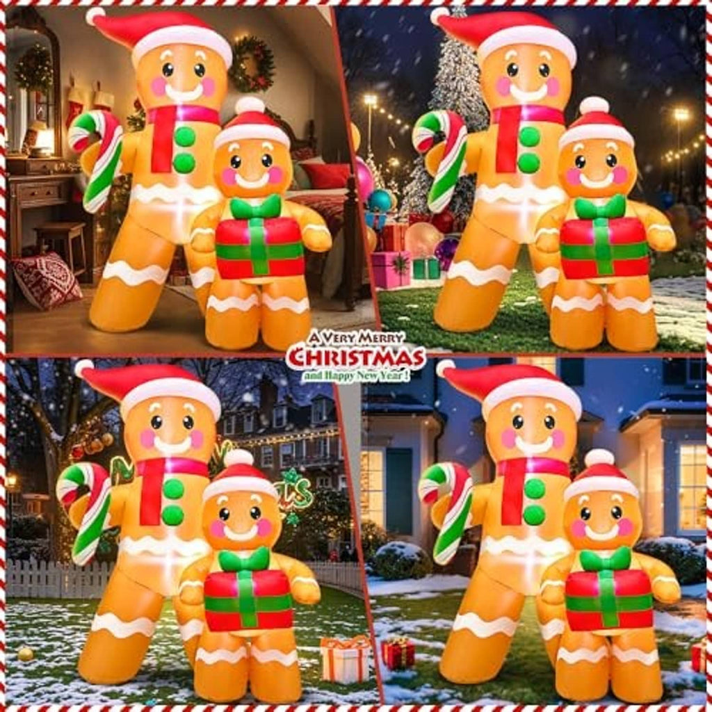 Set of inflatable gingerbread figures showing front and side views, candy cane and gift