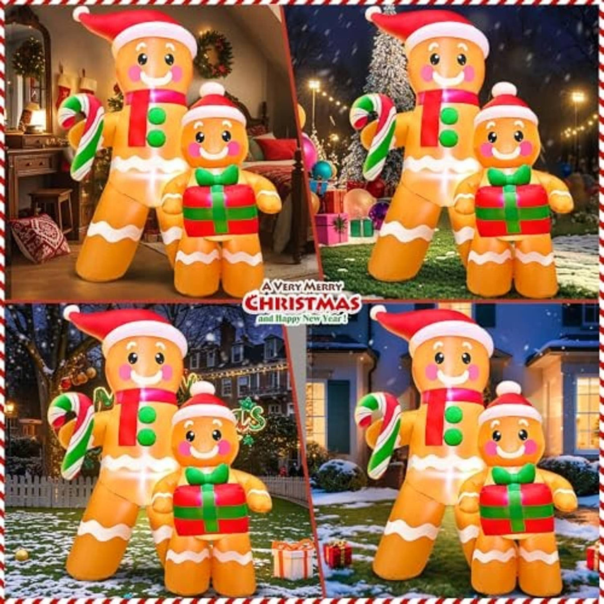 Set of inflatable gingerbread figures showing front and side views, candy cane and gift