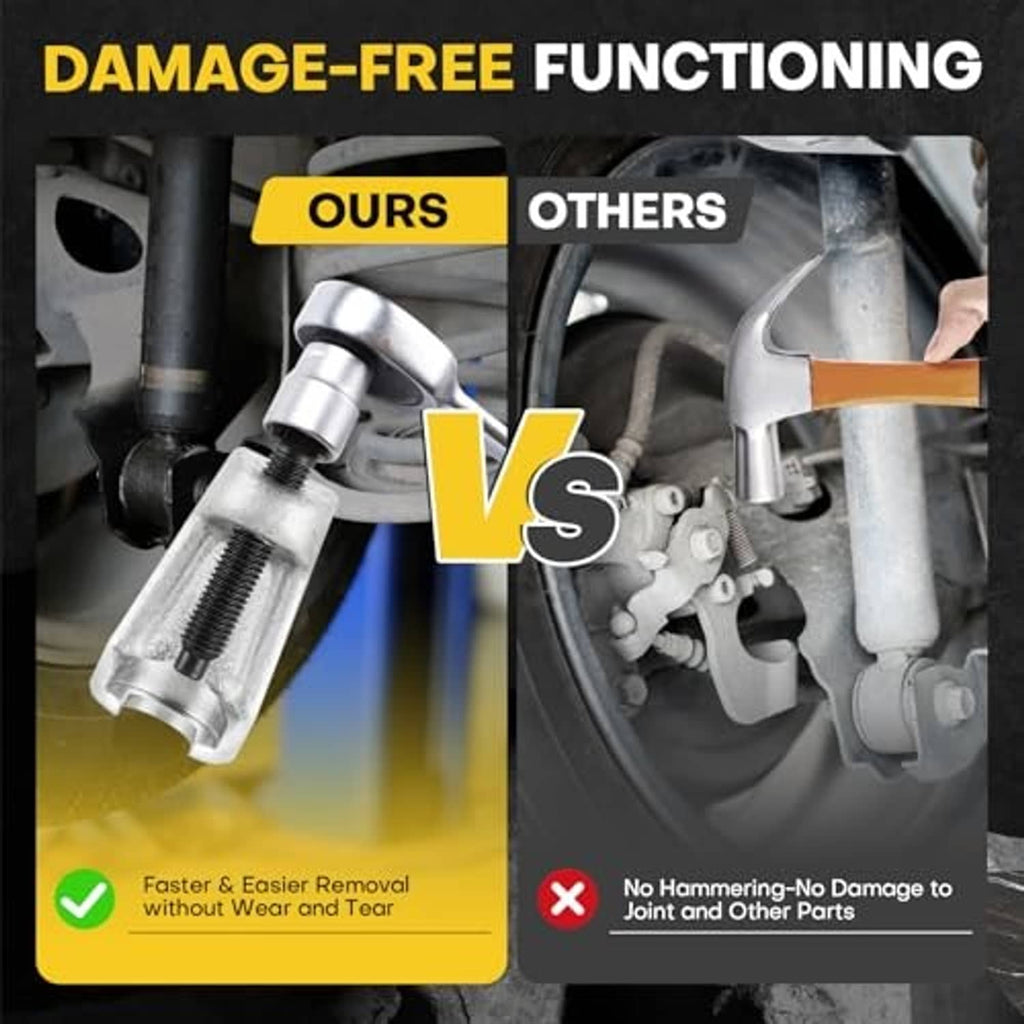 Silver ball joint separator puller tool beside vehicle suspension components
