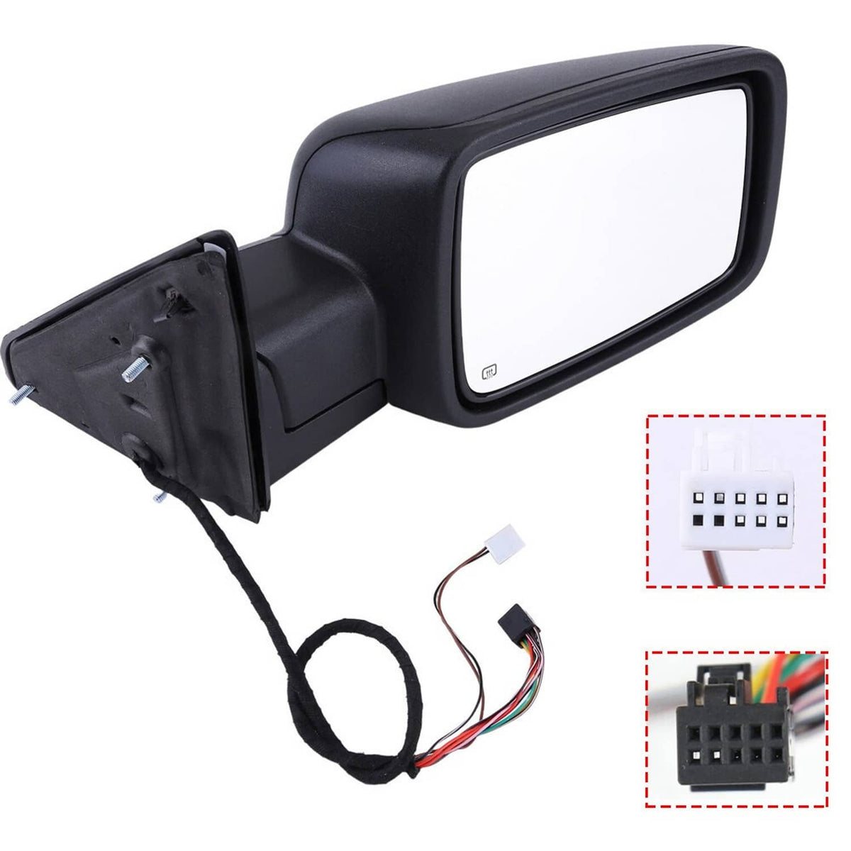 Right side folding heated LED signal power mirror with wiring and plug connector detail