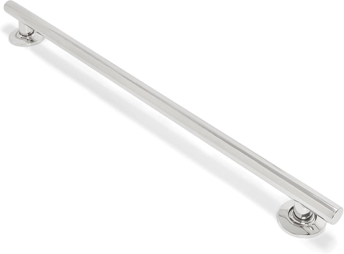 Long straight stainless steel shower grab bar with mounted end plates