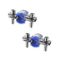Stainless steel pipe bracket clamp with blue silicone cushion and four mounting bolts