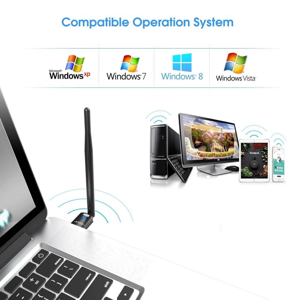 USB WiFi adapter antenna standing on laptop keyboard for wireless connection
