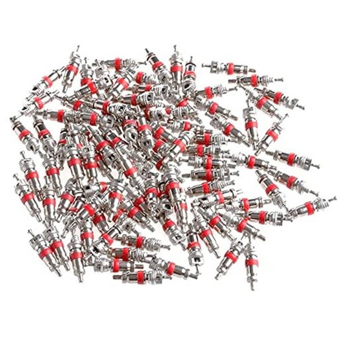 Assorted tire valve stem cores, silver metal with red rubber tips (200-pack)
