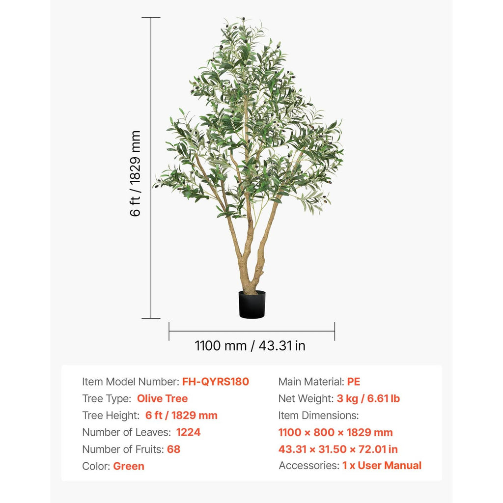 6 ft artificial olive tree with black pot, product dimensions shown