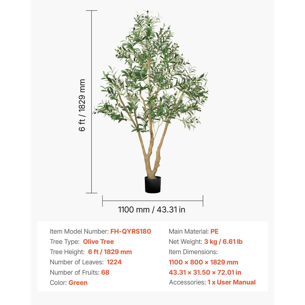 6 ft artificial olive tree with black pot, product dimensions shown