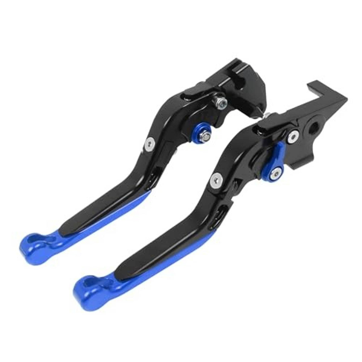 Black brake and clutch levers with blue foldable ends and mounting brackets