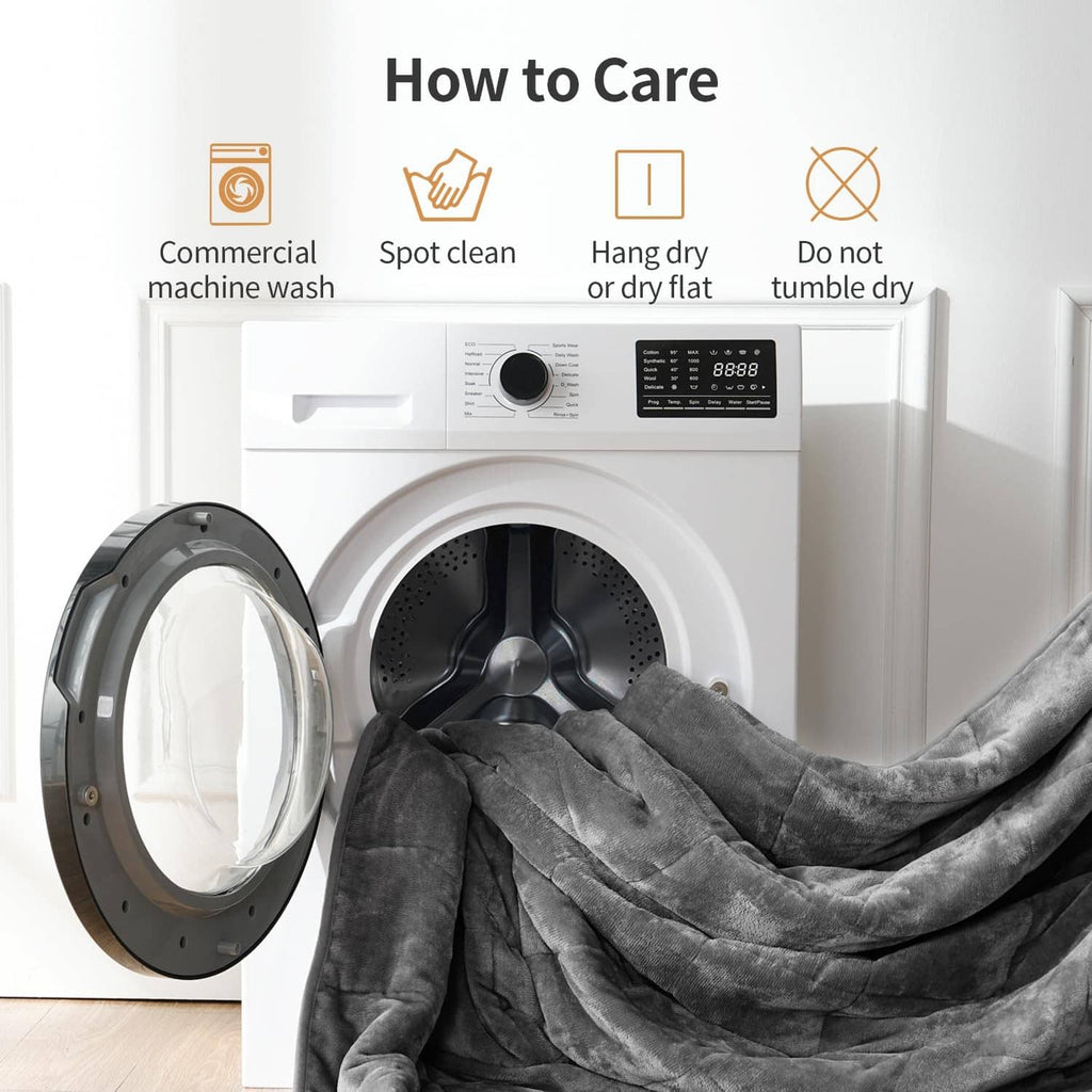 Grey weighted blanket near a washing machine, folded for care