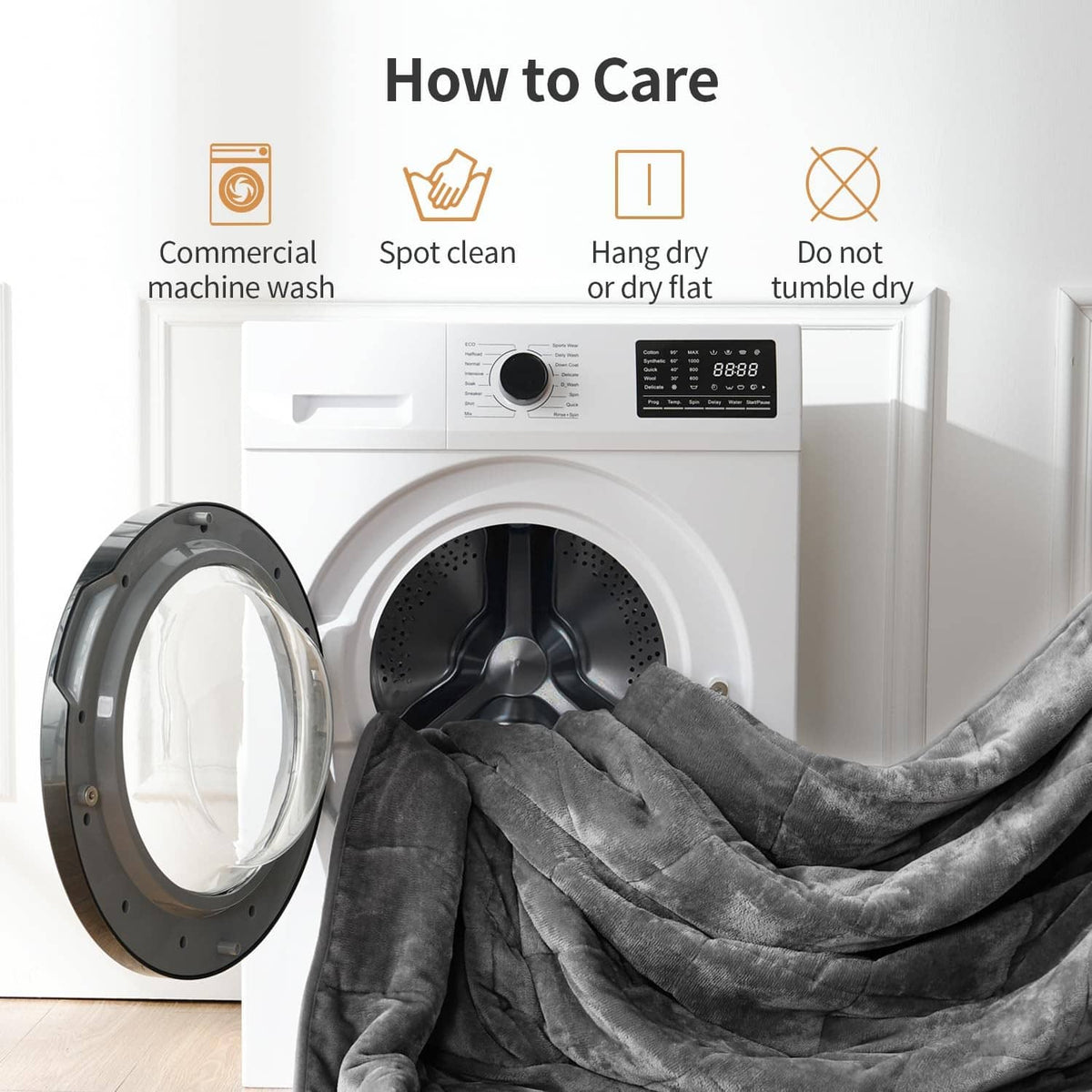 Grey weighted blanket near a washing machine, folded for care