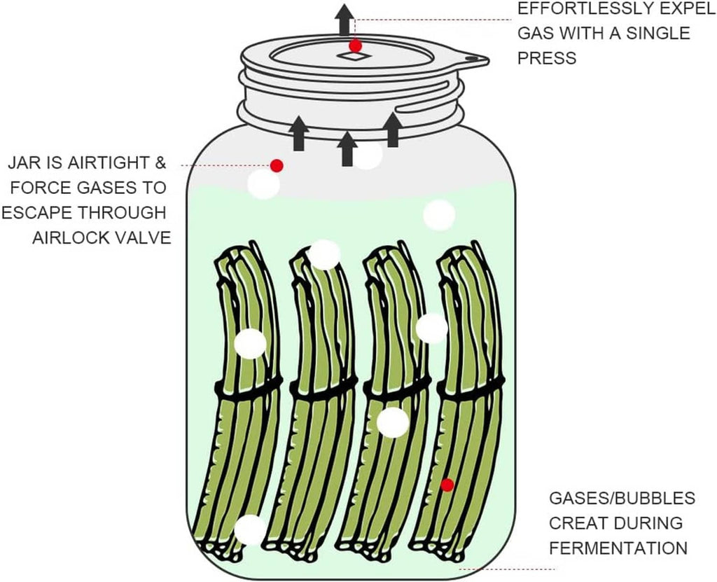 Mason jar airlock fermentation diagram with valve forcing gases out through the lid.
